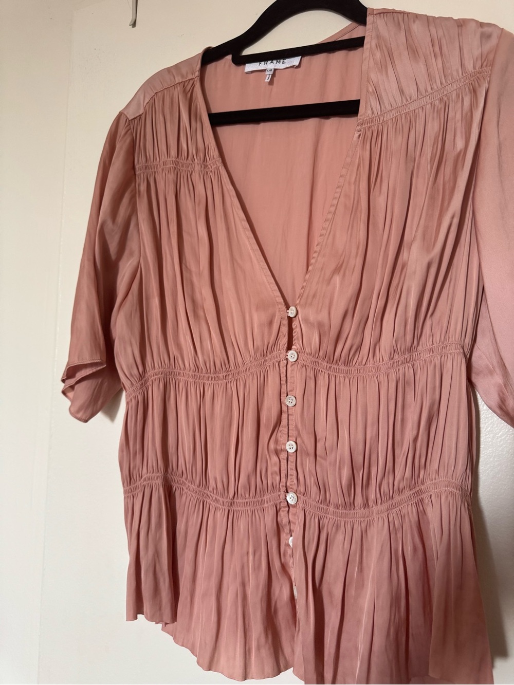 frame Blush Pink Button-Front Ruched Midi Dress